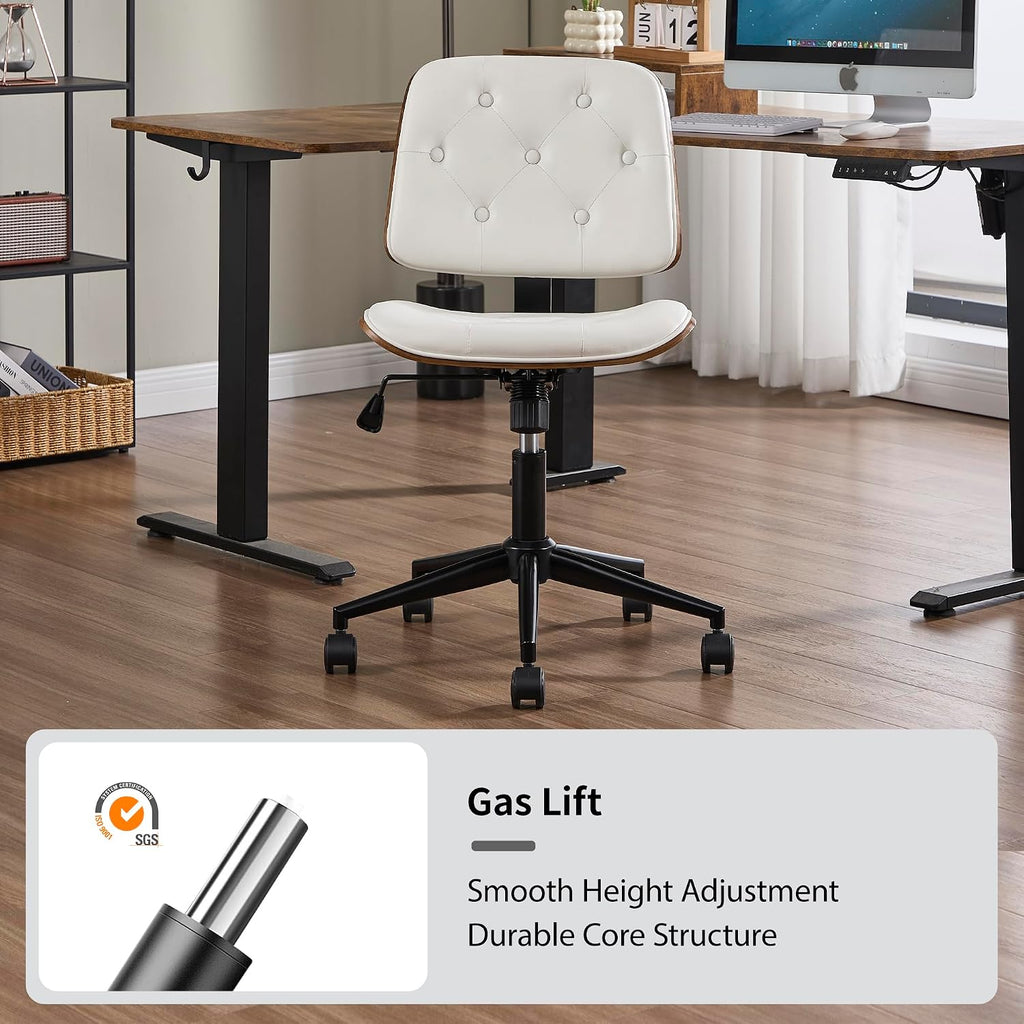 Small Home - Armless Mid Back Desk Chair with 360° Swivel and Wheels, PU Upholstered Height Adjustable Modern Walnut
