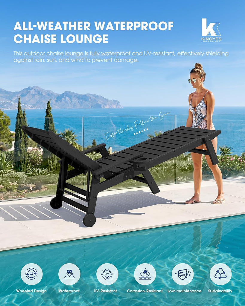 HDPE Lounge Chair Outdoor Set of 2, All Weather Pool Lounger | 5 Position Adjustable Backrest Patio Chaise Lounge