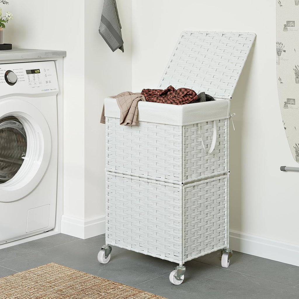 Wicker Laundry Basket with Wheels,Rolling Laundry Hamper with Lid | 90L Slim Clothes Hamper with Wheels & Removable