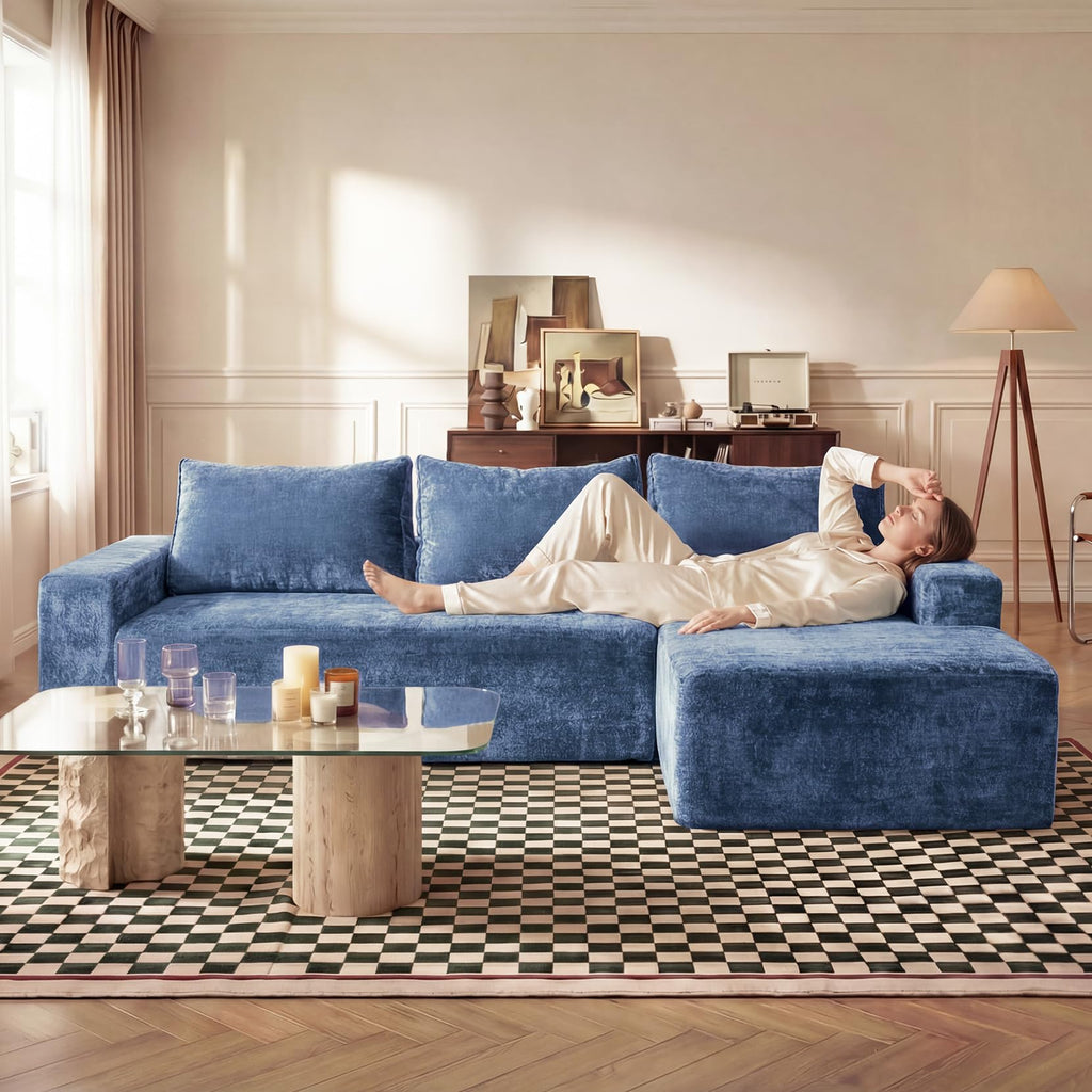 95" Boneless Couch, L-Shape Sectional with Right Chaise, Blue
