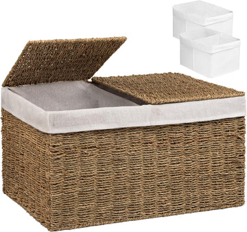 Handwoven Wicker Storage Basket with 2 Lids & Liners, Large Shelf Basket for Clothes, Toys, Blankets, Foldable