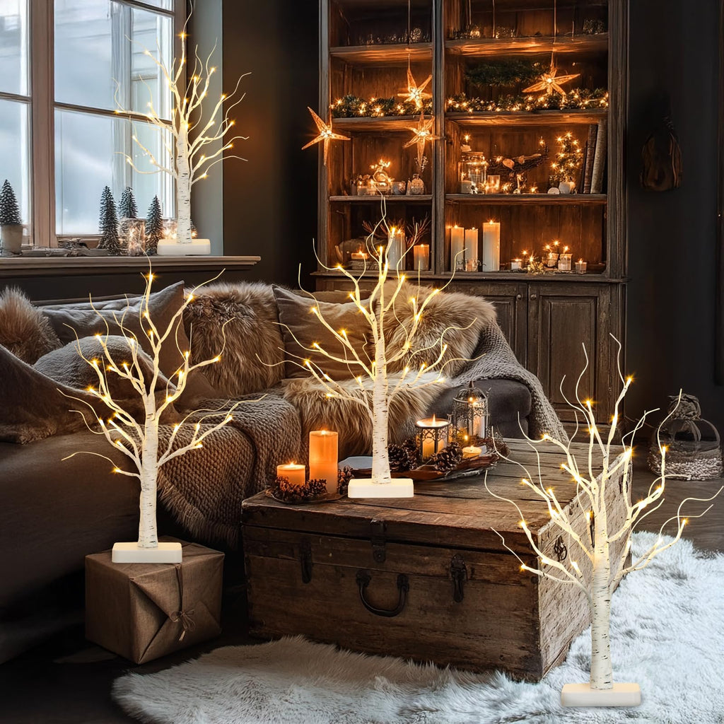 Lighted Birch Tree, Christmas Tree with 24 LED Lights, Tabletop Centerpiece Artificial Tree Lights with Timer Bedroom