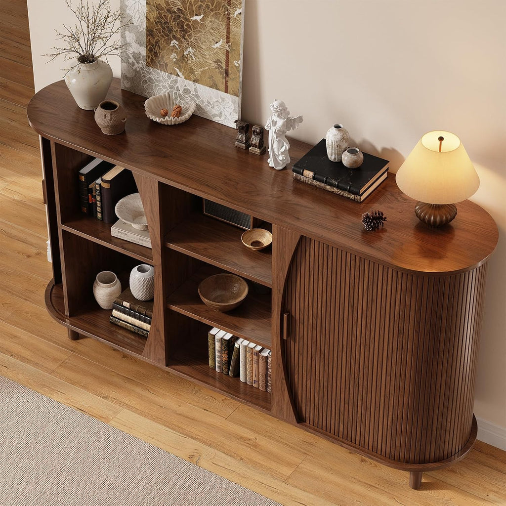59" Curved Buffet Cabinet with Storage, Sideboard Cabinet with Adjustable Shelves, Mid-Century Modern Buffet Cabinet