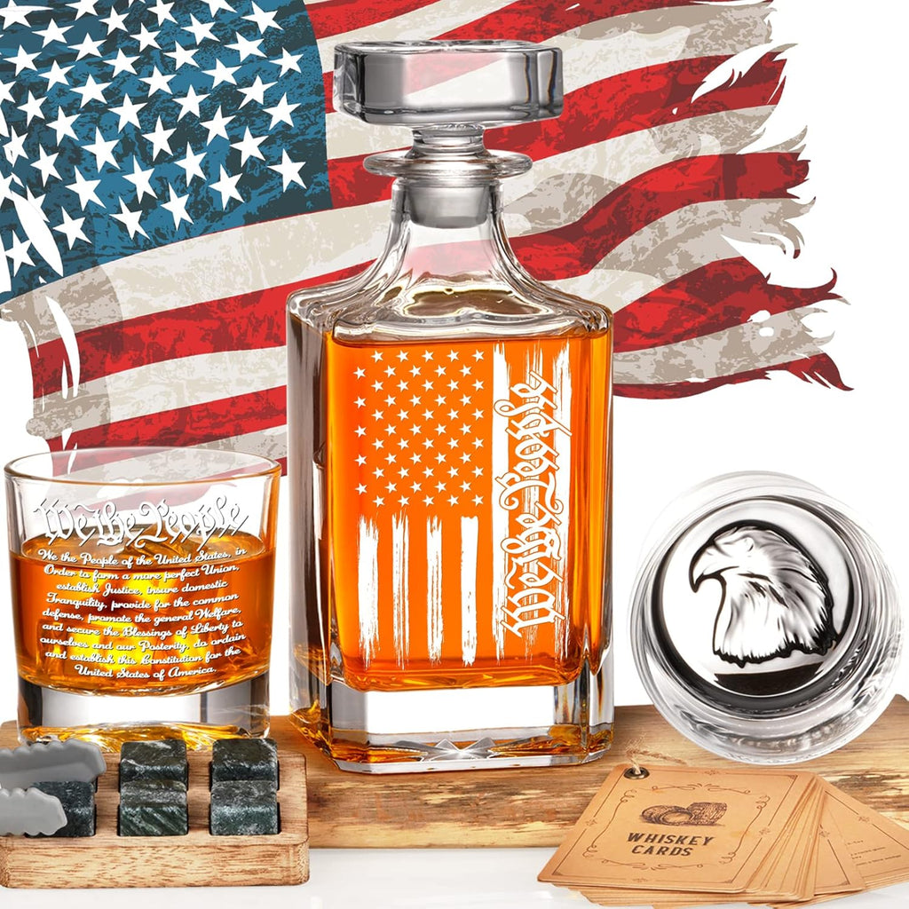 Whiskey Decanter Engraved We The People American Flag, 750ml Whiskey Decanter Set with 2 Glasses, Fathers Day