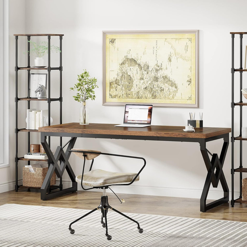 63-inch Executive Desk, Large Office Computer Desk with Extra Thick Wooden Tabletop and Metal Frame