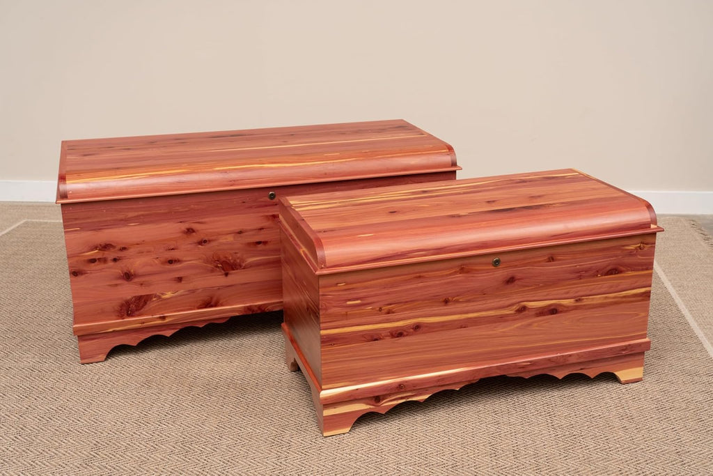 Cedar Hope Chest with Waterfall Top and Tray, Amish Made Wooden Storage Trunk Box , Blanket, Clothes, Anti-Slam
