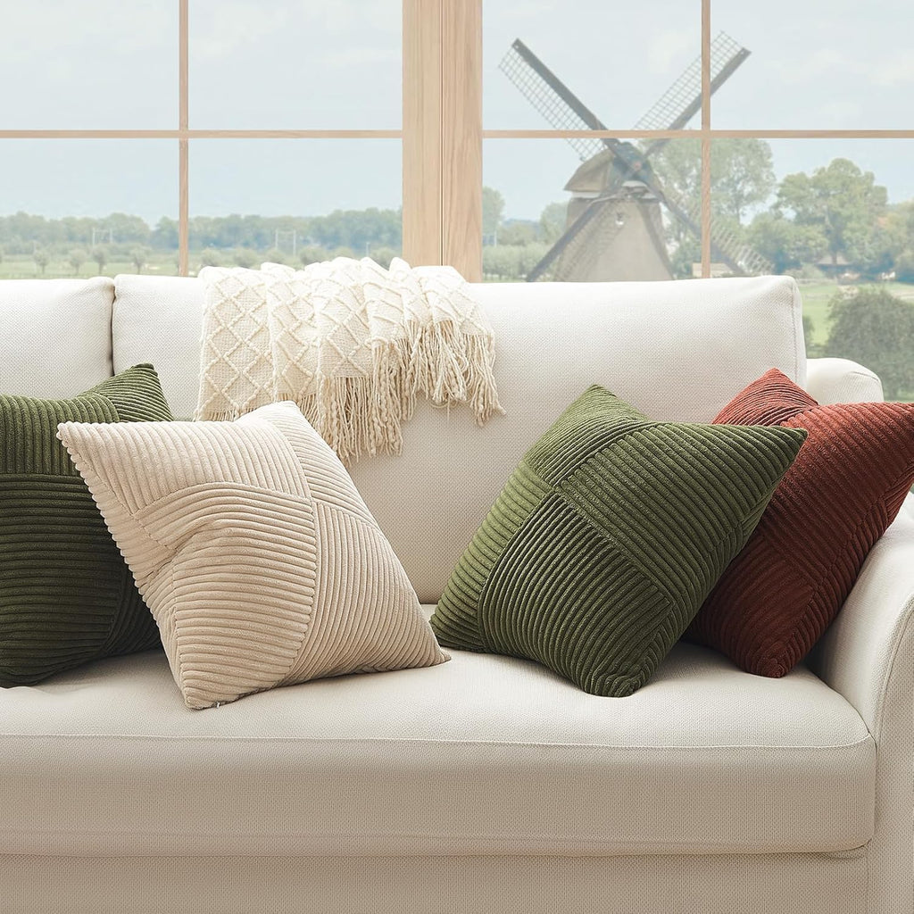 Olive Green Decorative Throw Pillow Covers Set of 2 18x18 Inches, Boho Aesthetic Home Decor, Soft Corduroy Striped
