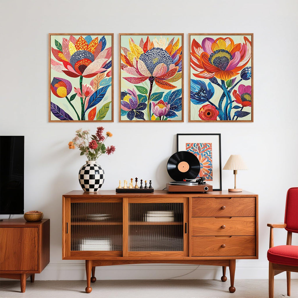 Abstract Botanical Floral Framed Canvas Wall Art Set,(Set of 3,12X16 Inch) Colorful Dot Art Modern Flower Wall