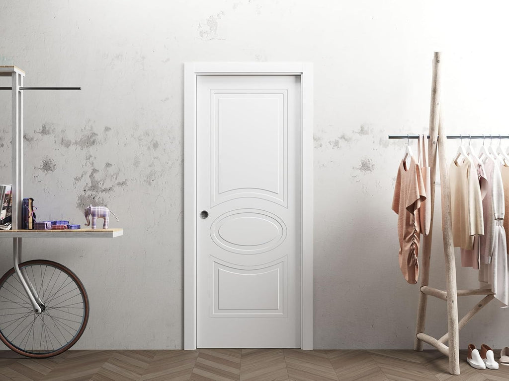Mela 7001 | Interior French Single Pocket Door, no Glass, MDF, 36x84, White, Classic Style | Hardwar