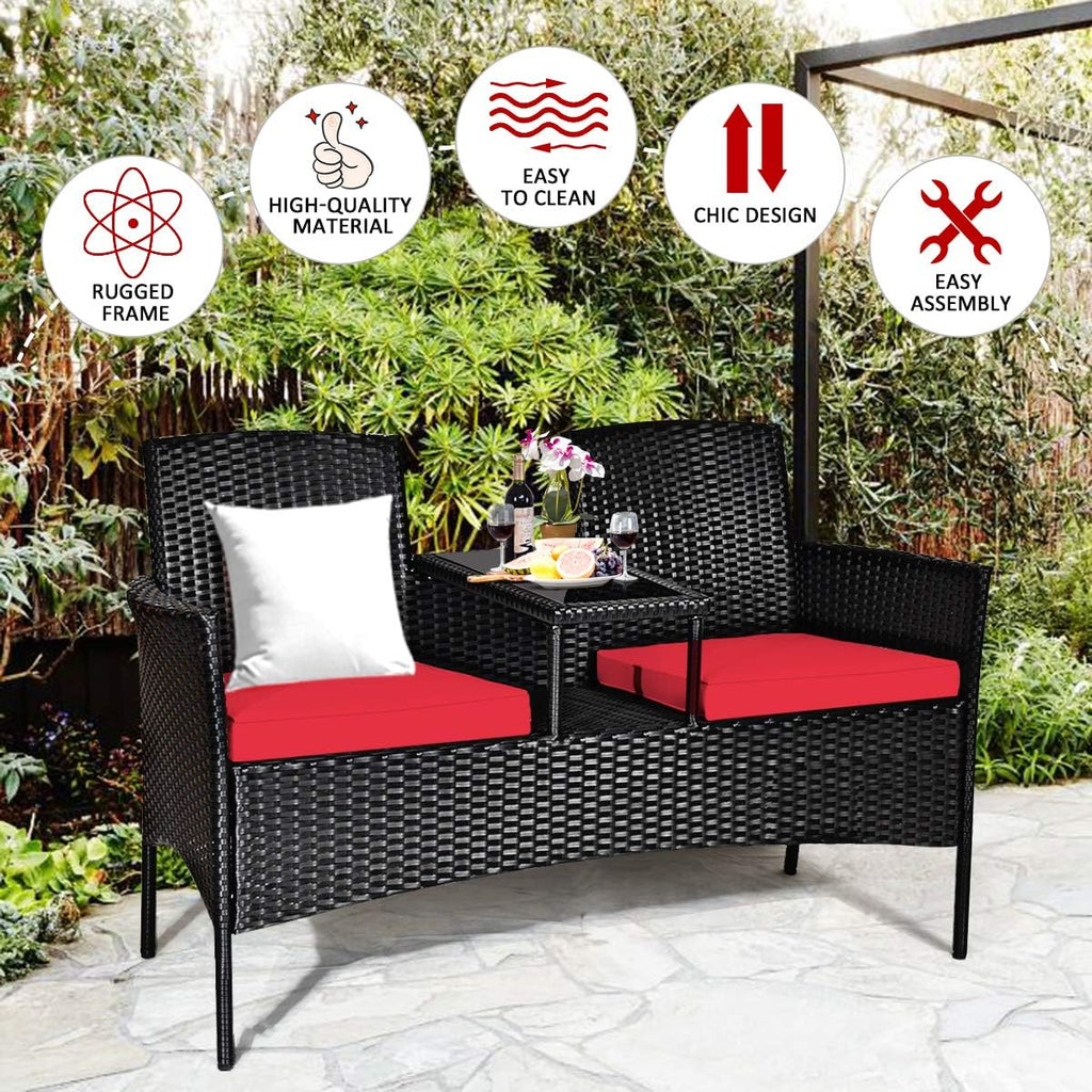 Wicker Patio Conversation Furniture Set, Outdoor Furniture Set with Removable Cushions & Table, Tempered Glass Top