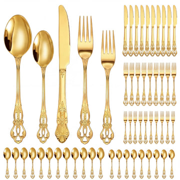 60 Pcs Gold Stainless Steel Flatware Set, Retro Vintage Silverware with Forks Spoons Knives Mirror Polished Cutlery