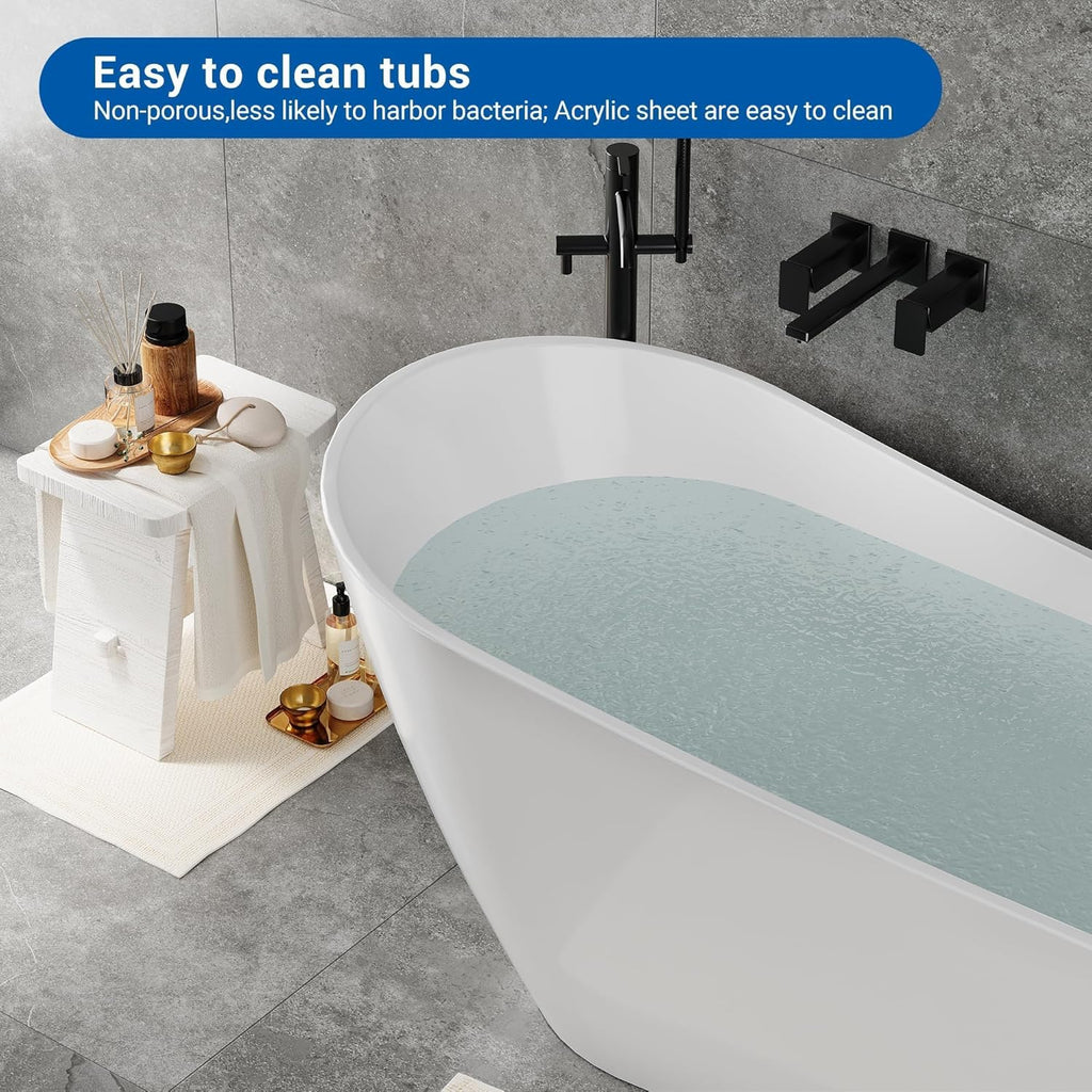 59" Freestanding Bathtub, Black Exterior White Interior Acrylic Stand Alone Soaking Tub, Modern Oval Bath with