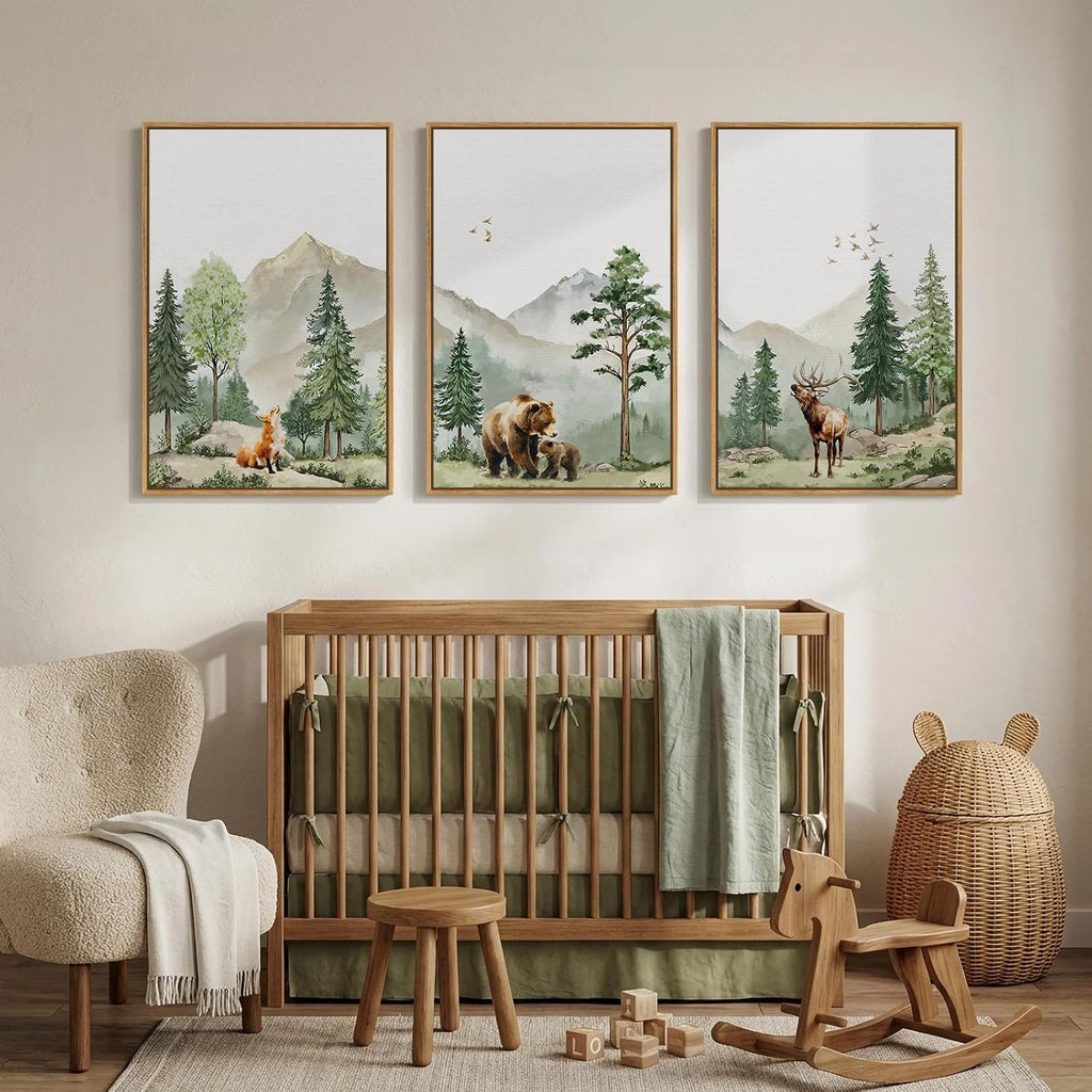 Framed Rustic Forest Animal Wall Art, 3 Piece Nature Landscape Deer Bear Fox Canvas Artwork for Modern Farmhouse