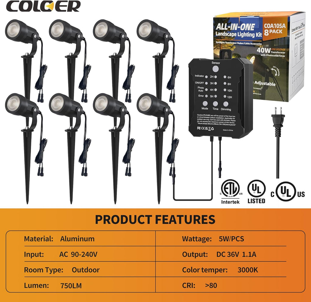 All-in-One Low Voltage Landscape Lighting Kit, 8 Pack 5W Die-cast Aluminum Landscape Lights with Transformer and