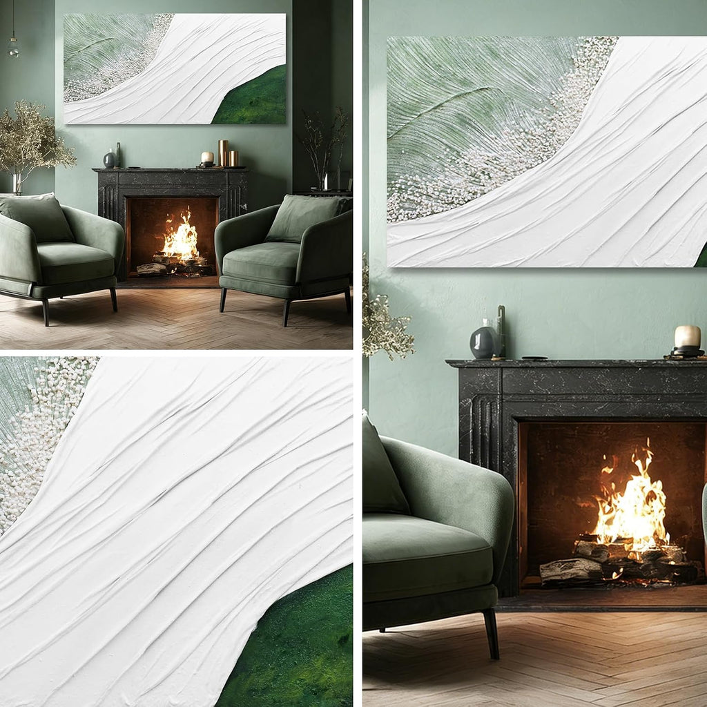 Contemporary Abstract Nature-Inspired Canvas Wall Art with White Flowing Lines and Green Accents, Minimalist Textured