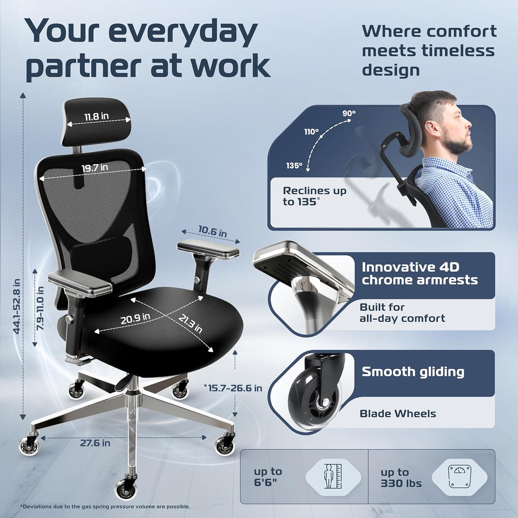 Ergonomic Comfy [#1 in Tests] Ergonomic Chair with Breathable Mesh Back | Computer Chair with wheels | Home Office
