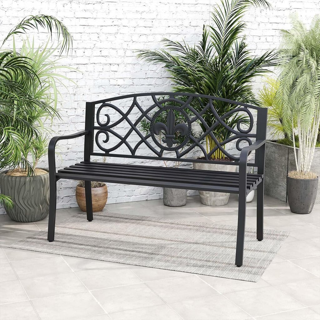 50.5" Outdoor Bench with Metal Frame, Floral Design Cast Iron Backrest, Slatted Seat, Adjustable Foot Pads, Load