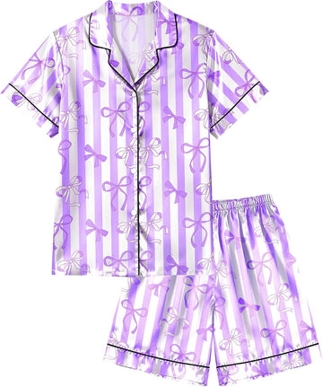 Girls Pajamas Silk PJS Set Bow Satin Sleepwear Short Sleeve Jammies for Kids Button-Down Nightwear