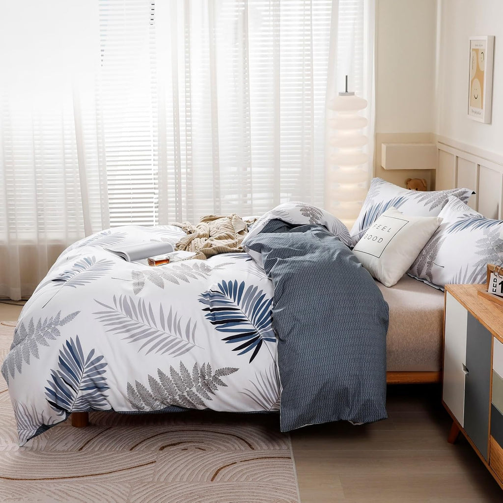 Duvet Cover Set,100% Cotton Comforter Cover with Leaf Pattern Duvet Cover Set,Soft Bedding Set Includes with 3 Piece