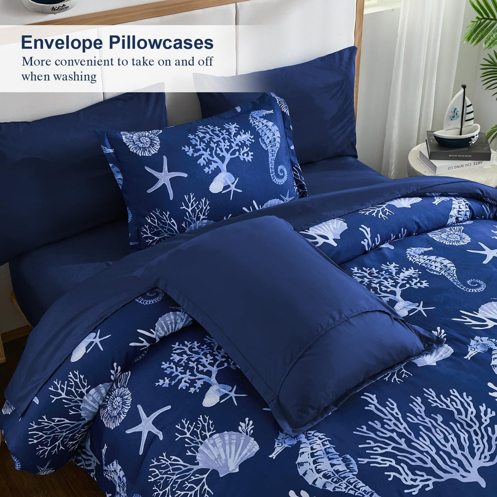 Coastal Queen Size Comforter Set 7 Piece, Soft Beach Themed Comforter Ocean Nautical Navy Bedding Sets for All Season