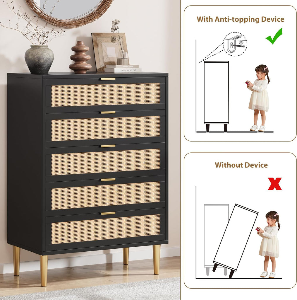 44'' Tall Rattan 5 Drawer Dresser, Narrow Wooden Vertical Dresser with Metal Legs and Handles, Modern Chest of