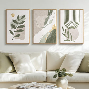 Large Framed Boho Sage Green Abstract Wall Art, 3 Piece Leaf Botanical Canvas Artworks Decor, Minimalist Geometric