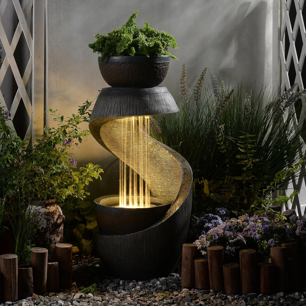 31.9" S-Shaped Water Outdoor Fountain - Modern Cascading Waterfall Feature with LED Lights & Planter Bowl