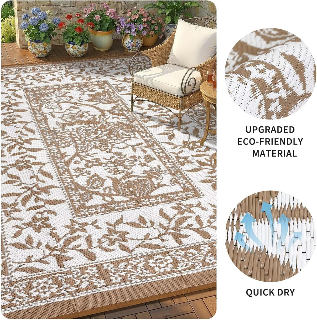 Outdoor Rug 9x12, Waterproof Reversible Foldable Plastic Straw Rug, Botanical cottagecore Outdoor Ru
