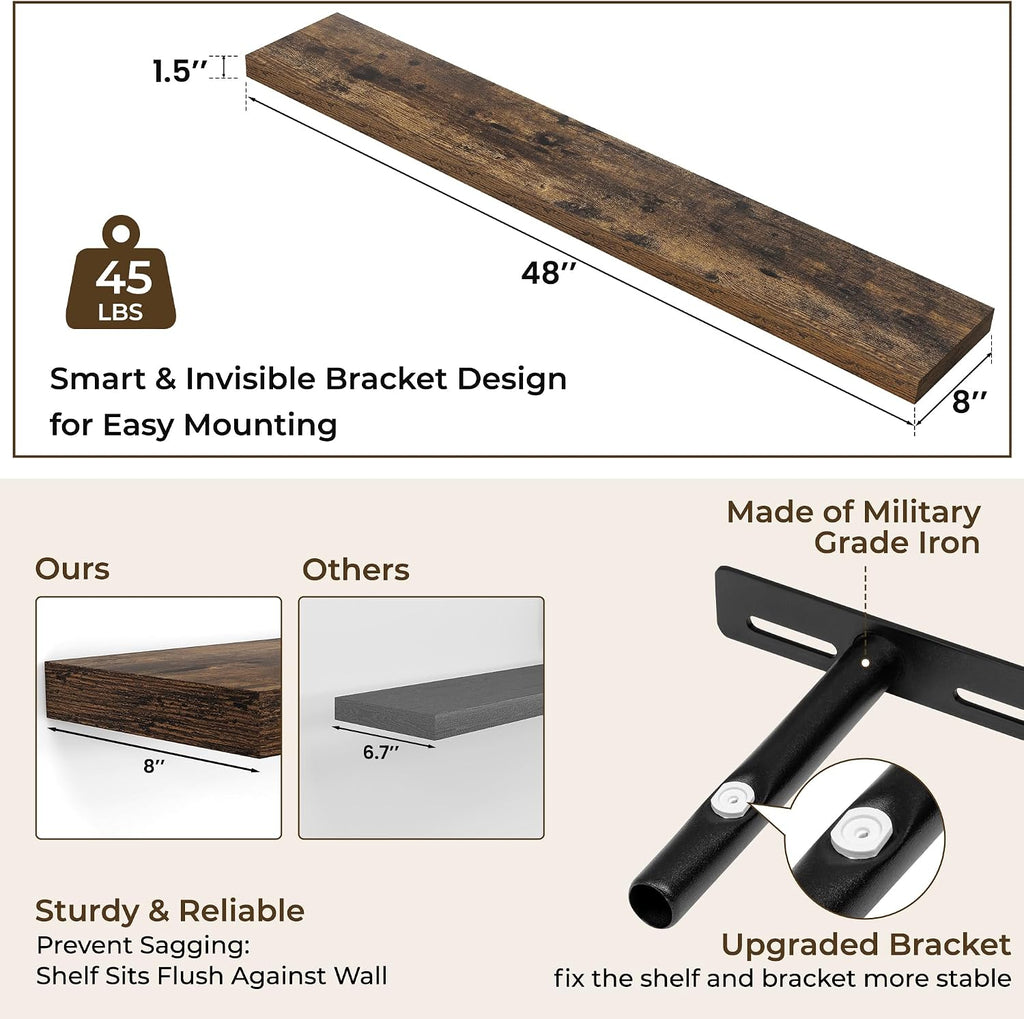 48Inch Floating Shelves for Wall 2 Pack Shelves |Kitchen|Bathroom Wall Mounted Rustic Wood Floating Shelf with