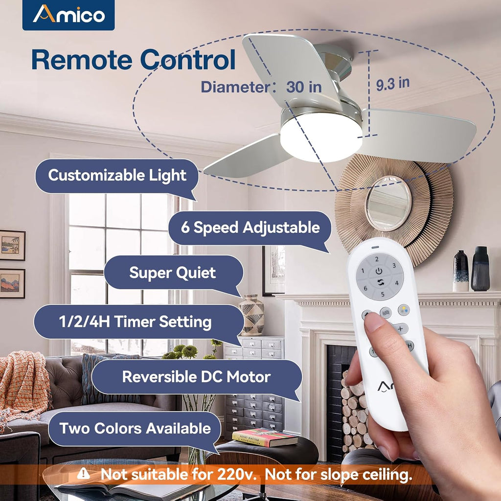 Ceiling Fans with Lights, 30 inch Low Profile Ceiling Fan with Light and Remote Control, Flush Mount, Reversible, 3CCT, Dimmable, Noiseless, Nickel Ceiling Fan for Bedroom, Indoor/Outdoor Use