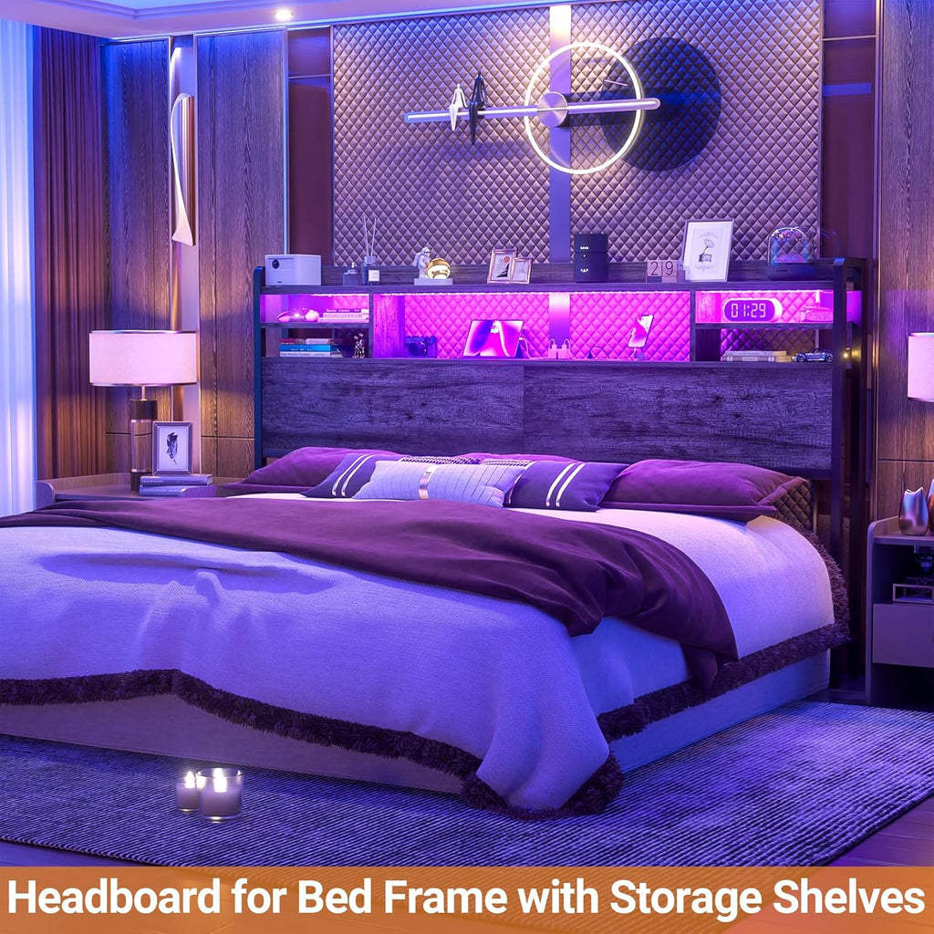 Headboard for King Bed with Storage, Headboards with LED Light, Power Outlets, USB Ports King Head Board