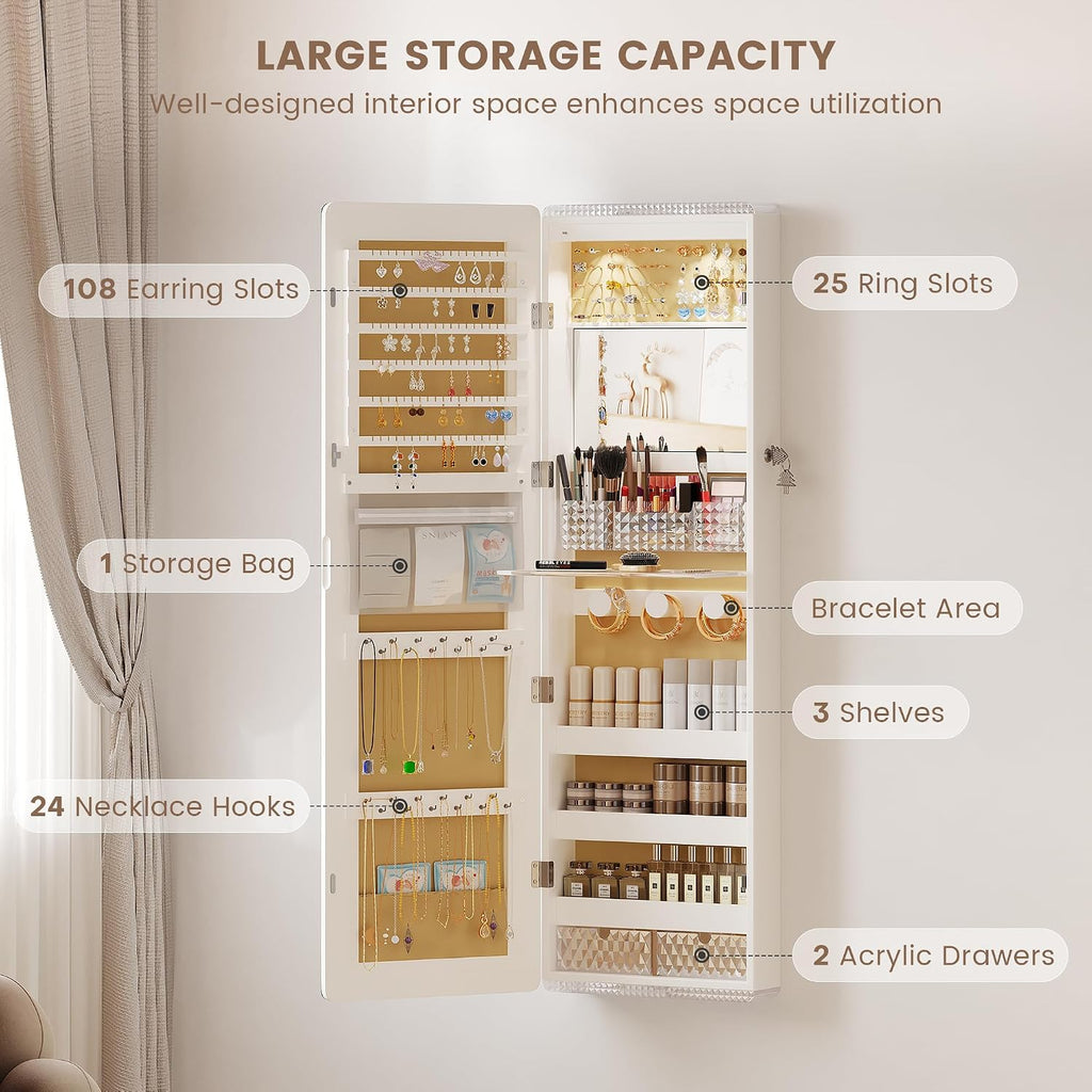 47.2" Full-Length Mirror Jewelry Cabinet, Lockable Wall/Door Mount, White