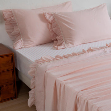 Ruffle Sheet Set 4 Piece, Pink Stripe Washed Cotton Bed Sheets with Lace Trim, Farmhouse Vintage Style Bedding, Deep