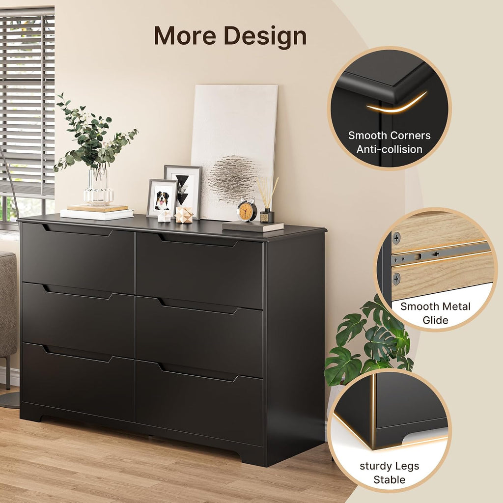 6 Drawer Double Dresser with Anti-Tip Design, Black | Modern Wide Wooden Chest of Drawers with Cut-Out Handles