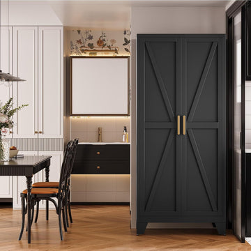 71" Metal Storage Cabinet with Doors and Shelves, Tall Pantry Cabinet in Black with 2 Doors & 4 Adjustable Shelves