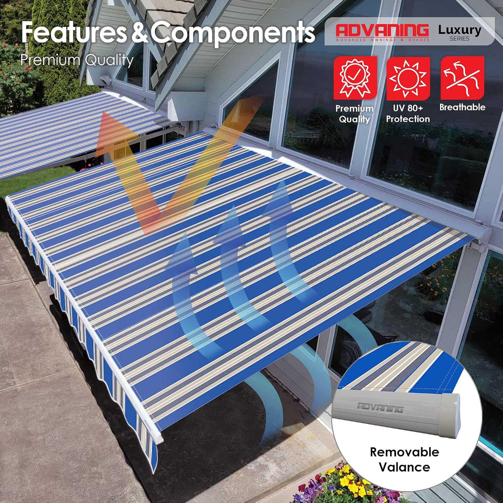 MA1210-A447H2 Luxury Series, Premium Quality Manual Retractable Patio Awning, 100% Solution Dyed European Acrylic