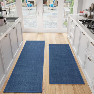 Kitchen Mats Set of 2 PCS for Floor, Washable Non Slip Rugs, Dark Blue