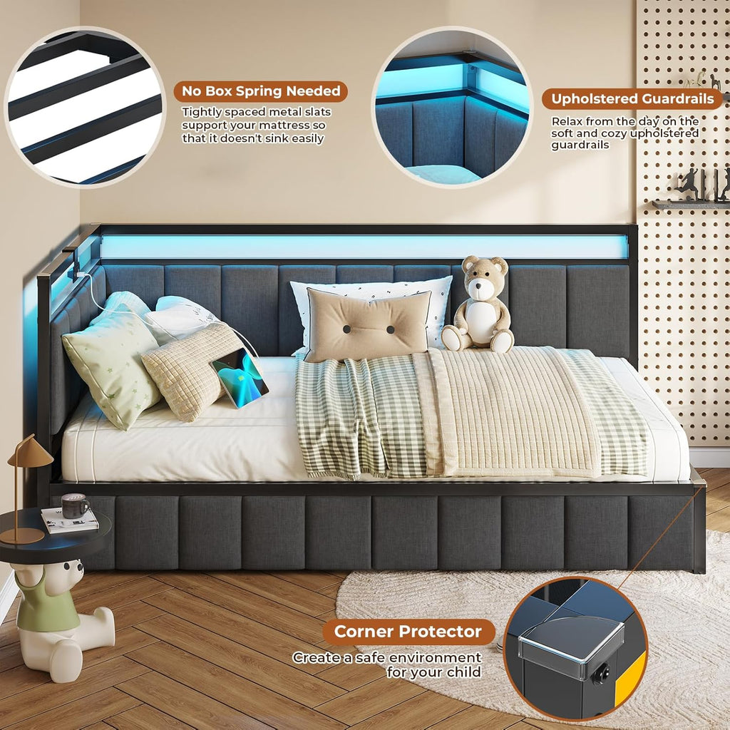 Twin Corner Bed Frame with 2 Storage Drawers and Charging Station Twin Bed Frames with Storage and Led Lights Twin