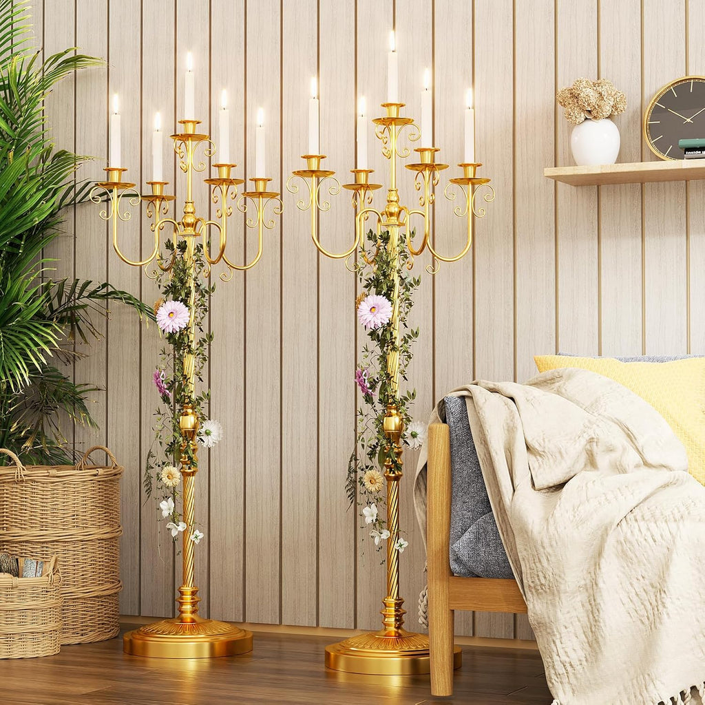 Floor Candelabra 50 Inch Gold Candlestick Holder 5 Arms Candle Holders Antique Flower Stand Centerpiece Decorative