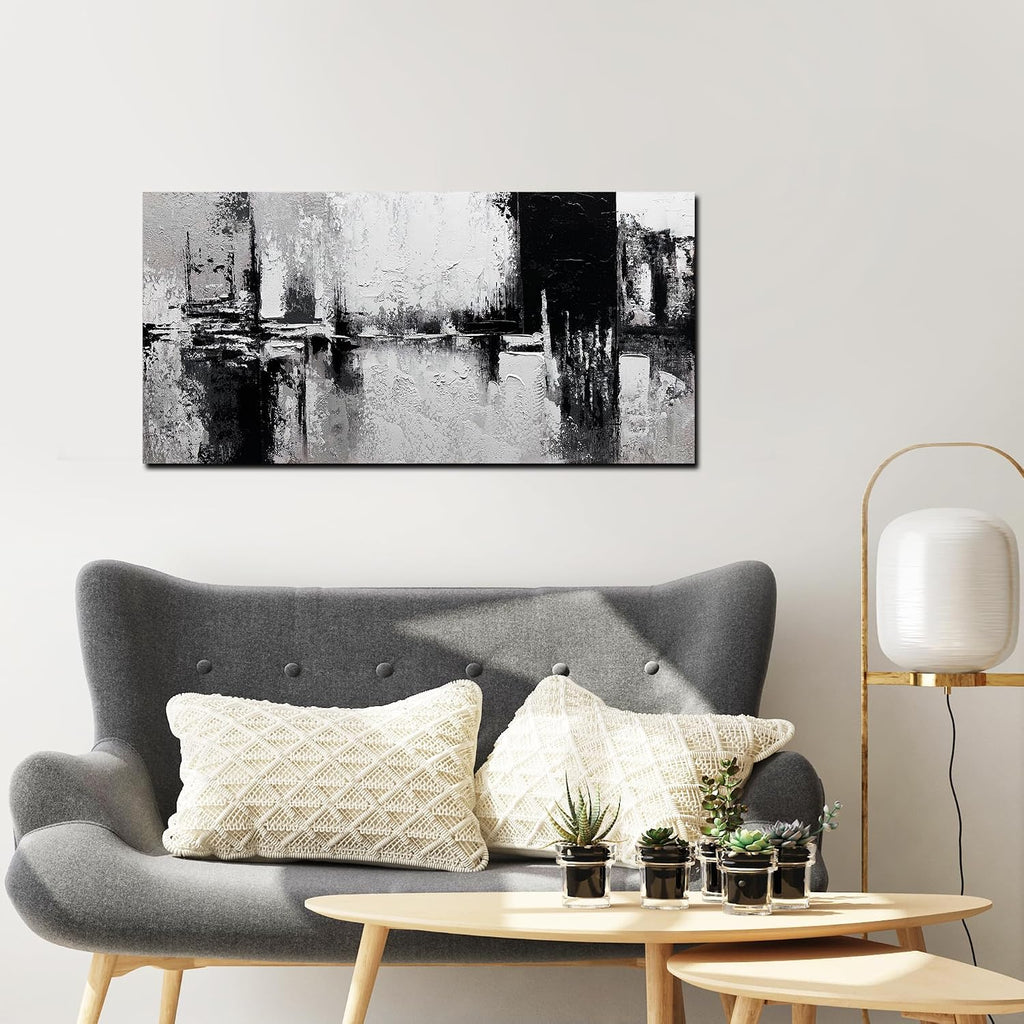 Black and White Abstract Wall Art Textured Canvas Painting Large Minimalist Modern Artwork Office Home Decor Ready to