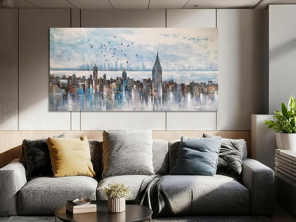 Cityscape Wall Art New York City Skyline Canvas Picture Living Room, Modern Abstract Grey NYC Painting Framed Artwork
