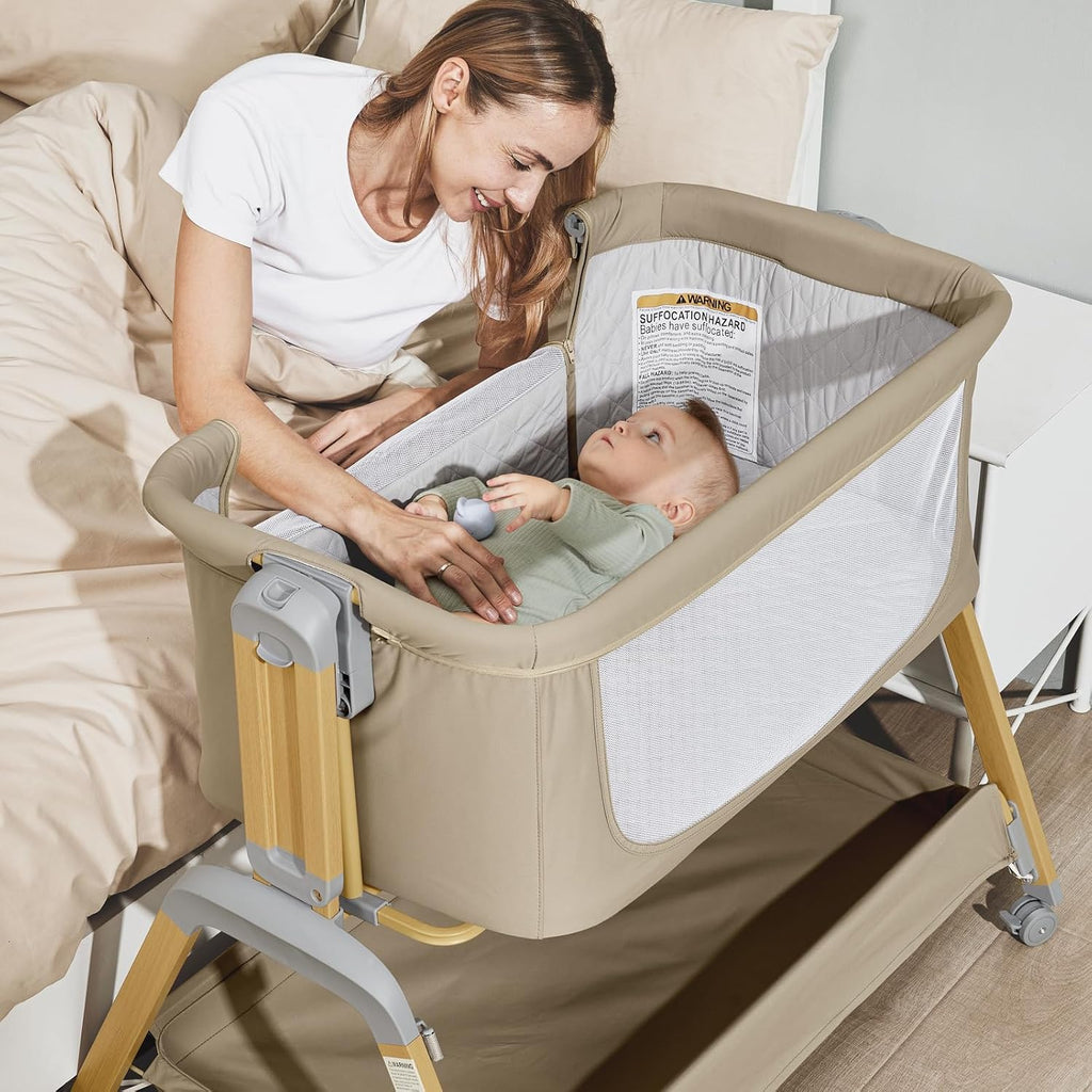 3-in-1 Baby Bassinet, Bedside Sleeper, Rocking Mode, Wheels (Khaki) | 5 heights, breathable mesh, comfy mattress with