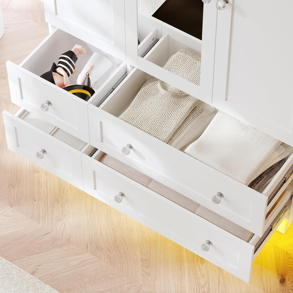 Wardrobe Closet with 3 Doors Bedroom Armoire with Mirror & 4 Drawers | Large Capacity Storage Closet with LED Light