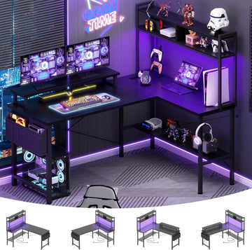 L Shaped Gaming Desk with Power Outlets & LED Lights, Black | Small L- Shaped Desk Computer Corner Desk with Monitor