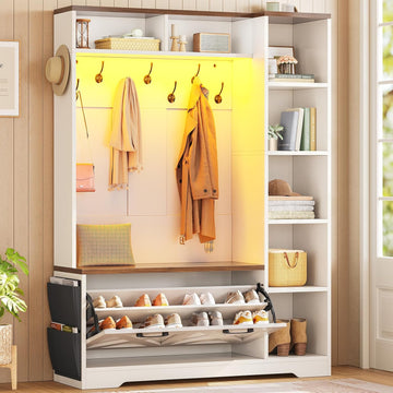 Hall Tree with Bench and Shoe Storage, Farmhouse Entryway Bench with Coat Rack, Shoe Cabinet with Flip Drawers, 7