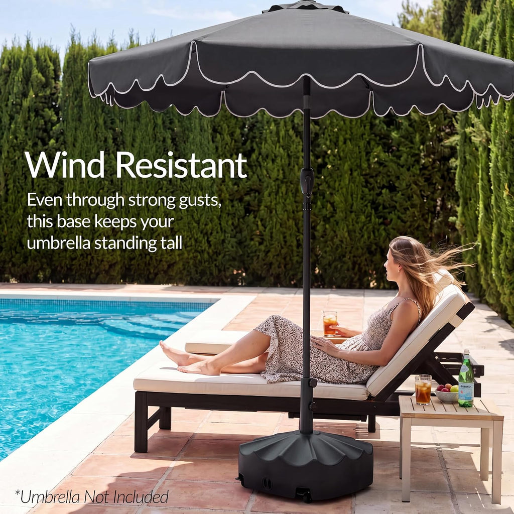 123lb Capacity Fillable Mobile Umbrella Base, Heavy Duty Market Stand Easy to move w/ 4 wheels - Wavy Design - Black