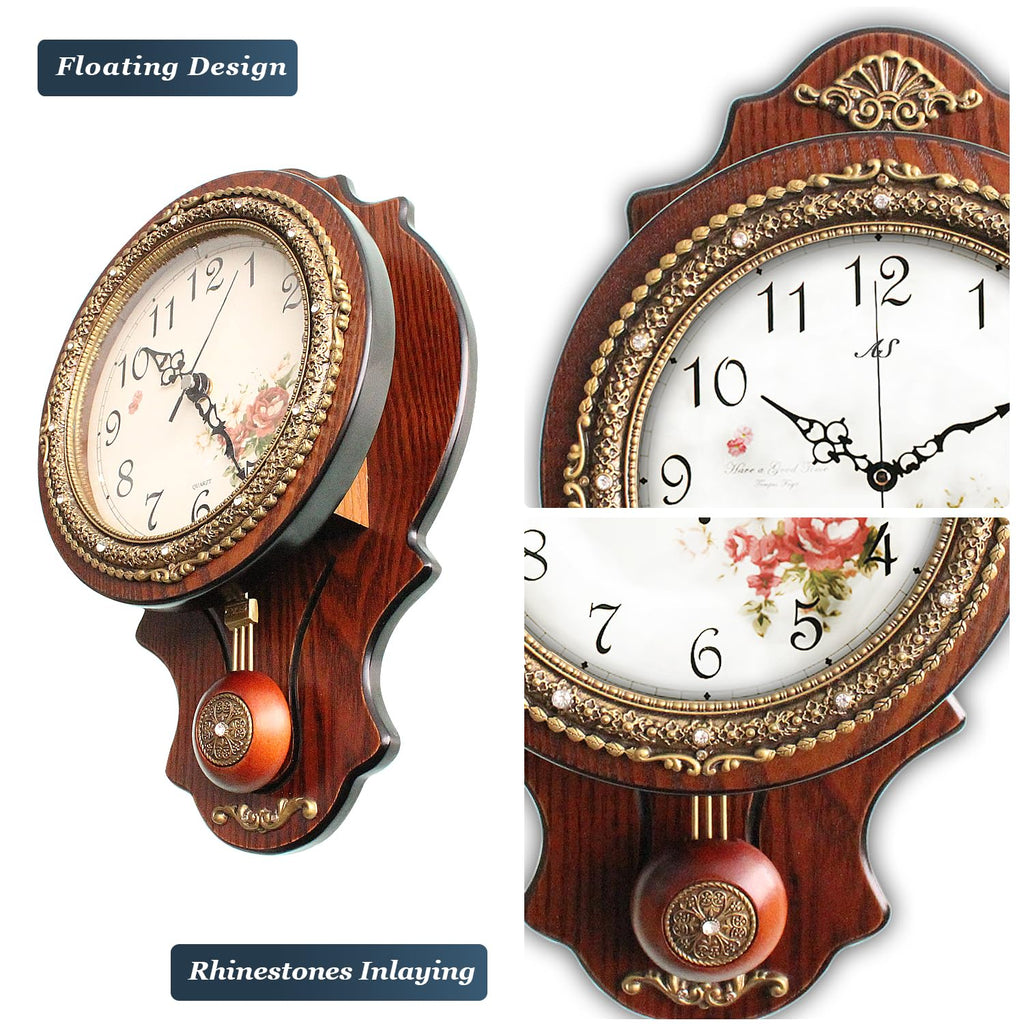 Wall Clock with Swinging Pendulum, Retro Style Silent Clock with Crystal Decoration, Vintage Decor European Victoria
