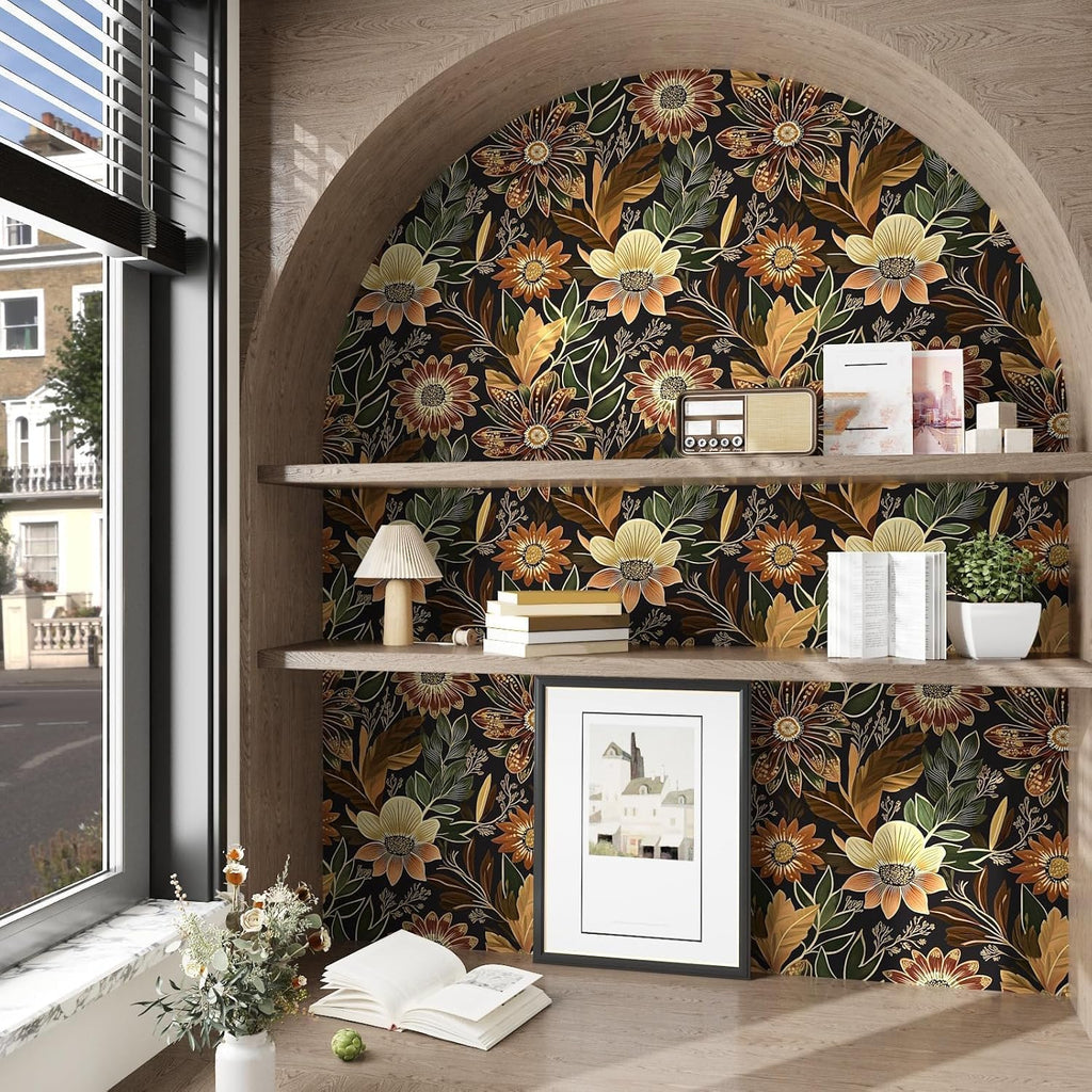 Boho Dark Black Gold Floral Wallpaper Peel and Stick 17.5"x393" | Self Adhesive/Removable/Waterproof/Thick Vinyl