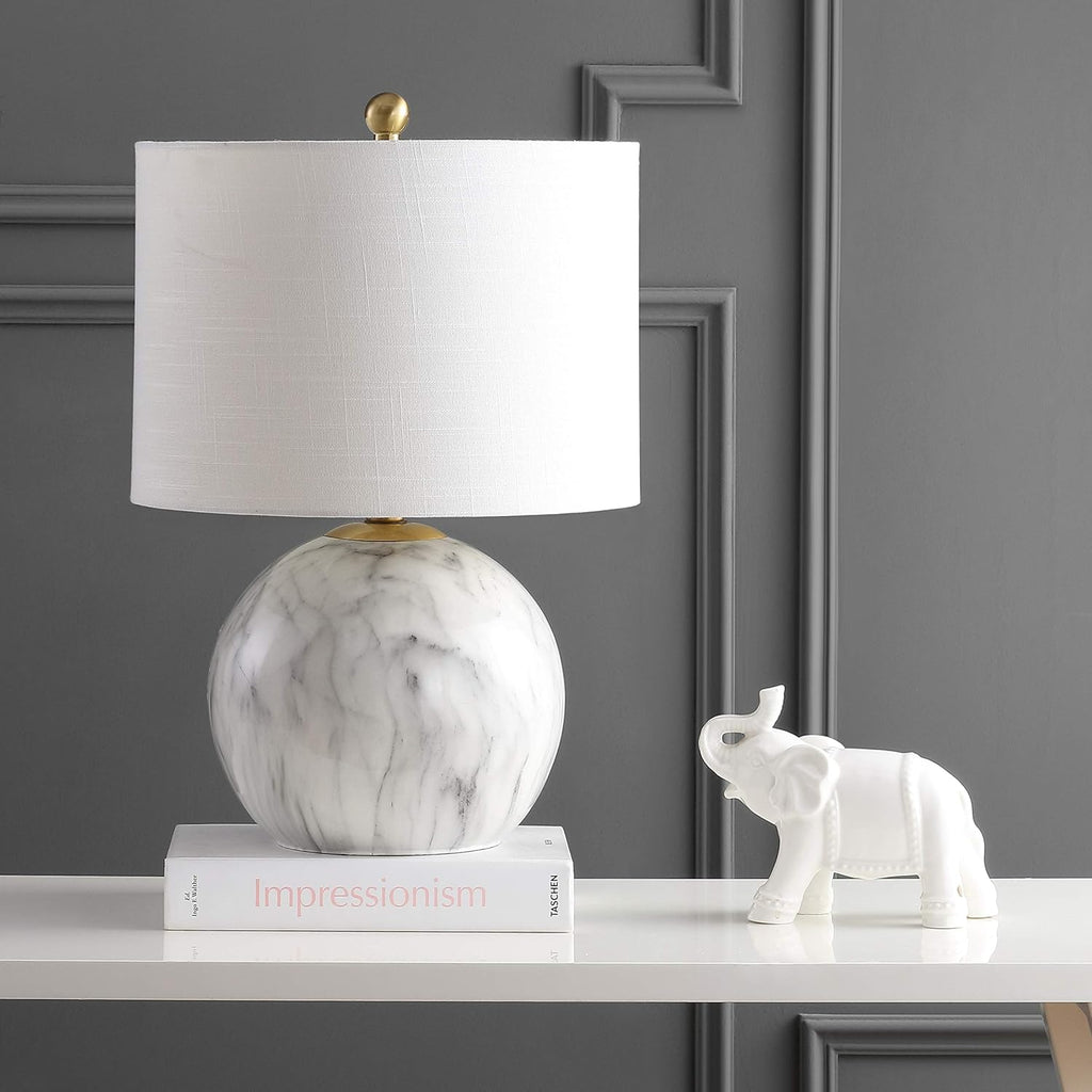 21.5" White/Brass Gold Faux Marble Resin Table Lamp, Glam Geometric Sphere Base Bedroom, White Linen Drum Shade