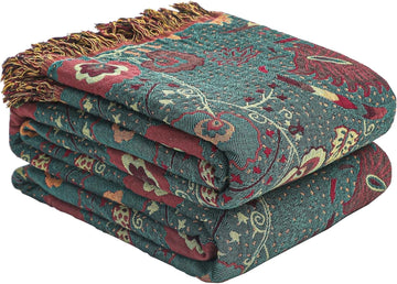 Boho Throw Blanket,100% Ultra Cotton Soft Breathable Bed Throw Floral Printed Farmhouse Decor Rustic Bed Throws